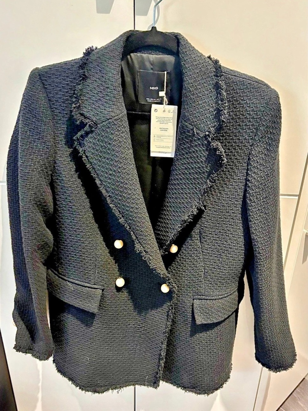 NWT Mango Black Tweed Double Breasted Blazer with Pearl Buttons